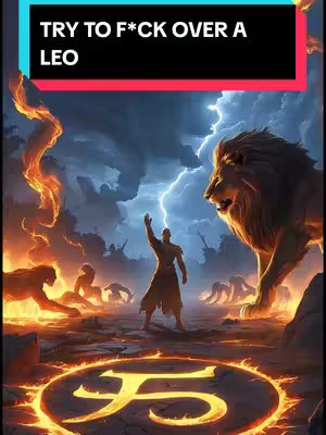 A digital illustration depicting a dramatic scene with mythological and astrological elements. A central figure, possibly a man, is standing with his arm raised, a bolt of lightning emanating from his hand. The background shows a turbulent sky with lightning strikes and a lion's head, possibly representing the Leo zodiac sign. Below, a large circular symbol with flames around the edge. The overall color palette is dominated by dark blues, oranges, and yellows, creating a contrast between the sky's turmoil and the earth's fiery ground.