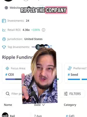 The cover image shows a screenshot of a website or app related to Ripple funding. The interface displays data about the company, including investments, retail ROI, and other financial details. A man with light brown hair and a beard is overlaid on the image, gesturing towards the information.