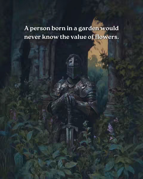 An artistic image featuring a knight in full armor standing in a forest setting with ruins in the background. The knight is in a contemplative pose, holding a sword, while the scene is enveloped in lush greenery.