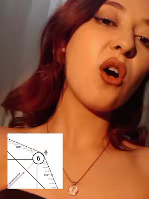 A selfie-style shot featuring a woman looking towards the camera with an open mouth, suggesting she's speaking. She has red hair, and a diagram of a numerology chart is in the bottom left corner. The lighting has a warm, golden hue.