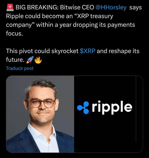 The cover image is a screenshot of what appears to be a Twitter post. The upper portion features a large, bold text headline in white on a black background, indicating a news or announcement format. Below the headline, the creator displays an image of a man in glasses next to the Ripple logo. The man is wearing a blue blazer and appears to be in his 40s. The Ripple logo is a modern, stylized design in the shape of a water drop.