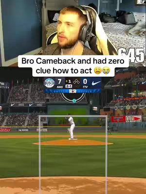 The image is a split screen. The top half shows a man with a headset reacting intensely to something off-screen, likely a video game. Below, the bottom half displays gameplay footage of a baseball game, complete with a scoreboard and a batter at the plate.