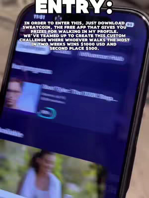 The image is a screen recording of a phone displaying the Sweatcoin app. The phone, held by a hand, is angled slightly, showing app's interface. Text overlays the screen, providing instructions for a step challenge, with a picture of a person.