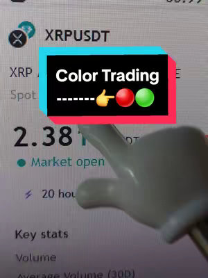 A screenshot from a crypto trading app with the text overlay "Color Trading". A white hand-shaped object is present, seeming to interact with the screen. The screen displays financial data, figures, and a bar indicating the status of the market. The color scheme is primarily white, black, red and green.
