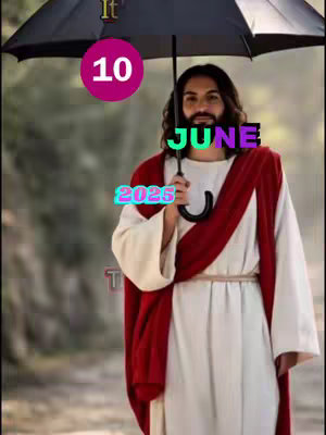 The image features Jesus, holding a black umbrella, against a blurred outdoor backdrop. Text overlays include the numbers '10' in a pink circle, 'JUNE' in green and purple letters, and '2025' in cyan. He wears a white robe and a red sash.