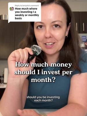 A woman with brown hair is shown holding a microphone and speaking. Overlaid on the image are text prompts asking about money and investing per month. The background features kitchen elements.