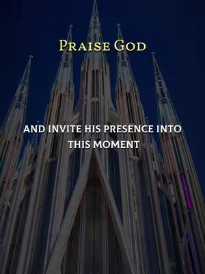 The image features a tall, ornate cathedral with multiple spires against a deep blue sky. Bold text overlays the cathedral, with two lines of text at the top and two at the bottom.