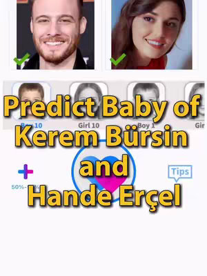 The cover image is a composite with two overlaid images, presumably from a photo app, each featuring a person's face with a green checkmark over them. Below these are illustrated baby faces. In overlaid bright yellow text, the title "Predict Baby of Kerem Bürsin and Hande Erçel" appears, set against a white background. Additionally, a plus sign and a heart icon with a percentage sign are in the bottom-left corner, while a "Tips" button appears on the bottom-right.
