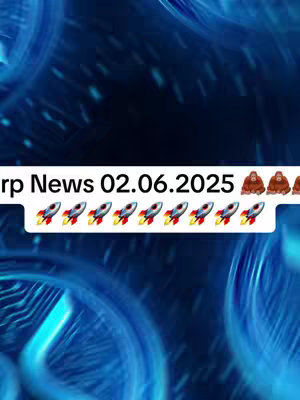 A digital graphic with a dark blue, blurred background. At the bottom, there is a white rectangle with the text 'xrp News 02.06.2025' in black. Below the text, there's a line of rocket ship emojis, and to the right are three ape emojis.