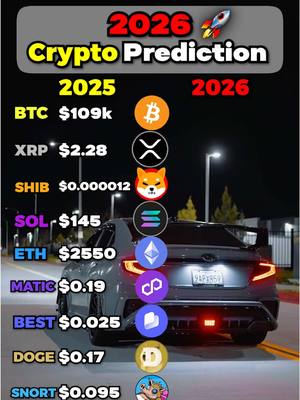 The image is a graphic overlay showing cryptocurrency predictions. It is set against the backdrop of a dark street at night, with a car visible in the background. The graphic is organized into a list format comparing various cryptocurrency values in 2025 and 2026. A rocket graphic in the top right is indicating a rapid growth.