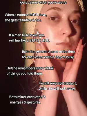 A close-up shot of a person's face bathed in soft light, with text overlays creating a list of relationship psychology insights. The person, likely female, is holding their hands near their face, their fingers gently touching their cheeks.