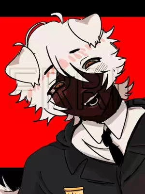 A stylized cartoon image featuring a white dog-like character with a black facial marking over a red background. The character is wearing a black suit with a tie. The dog-like character is posed with a slight head tilt, and is blushing around cheek area. Text overlay is in white, partially obscured by image elements.