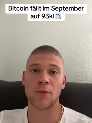 The cover image shows a man looking directly at the camera. Above him is a white banner containing text. The text is in German and states 'Bitcoin f
ällt im September
auf 93k!', with a downward arrow. The man is wearing a white shirt and a gold chain. The background is a neutral wall.