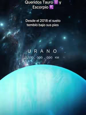 The image presents a celestial theme. The upper third of the frame shows a dark blue space dotted with white stars, representing a nebulae. Below, a light blue planet reminiscent of Uranus dominates the lower portion. In the middle, text is overlaid in a white font. The overall composition centers around the planet Uranus, set against a cosmic backdrop, conveying a sense of space and astrological context.