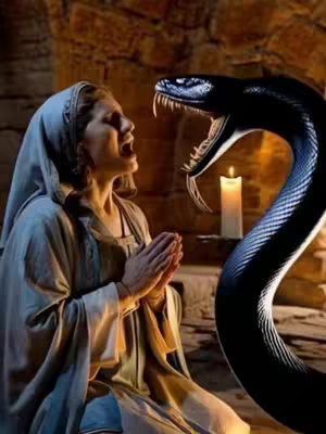 The image depicts a woman, likely Mary, in a medieval setting. She is kneeling and has her hands clasped in prayer, with an open mouth expressing distress as she looks up. A large, dark, serpent-like figure with a menacing open mouth faces her. A lit candle is behind her, creating a dramatic effect with its light.