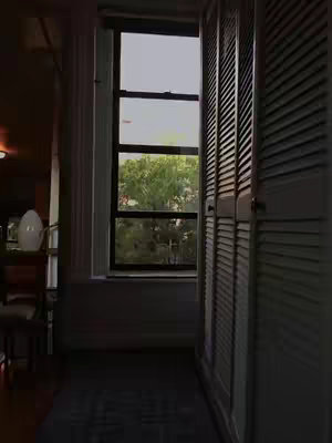 An interior shot featuring a room with a window and a closed cabinet. The window is the focal point, with a view of trees outside, and is framed by a white wall. To the right, a tall, shuttered cabinet adds vertical lines and a texture contrast to the smooth wall. The room is dimly lit, with shadows suggesting low light exposure, giving it a sense of privacy. The angle is straight-on, providing a symmetrical and organized aesthetic.