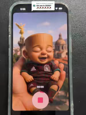 A smartphone screen displays a 3D-rendered baby wearing a Mexico football jersey, held in a hand with cityscape visible in the background. The baby smiles with eyes closed, and the timer is showing '00:00'. The phone is held on a white background. The image is bright and colorful.
