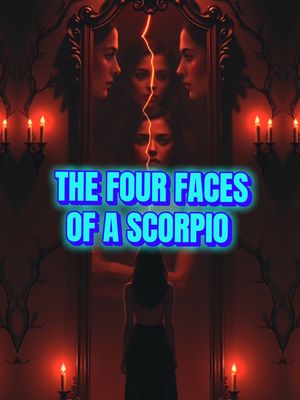 A dark, artistic image with a focus on a person and a mirror. A woman stands in front of a large, ornate mirror that reflects four faces of a woman with a lightning bolt effect between them. The background is a deep maroon, with candle-lit sconces on either side. The text overlay reads \"THE FOUR FACES OF A SCORPIO\".