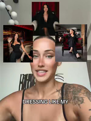 The cover image shows a woman with fair skin and green eyes, centered at the bottom of the screen, with a direct gaze and subtle smile. Above and around her are inset images of her in different outfits and settings, suggesting style tips. The background is a light grey with white decorations.
