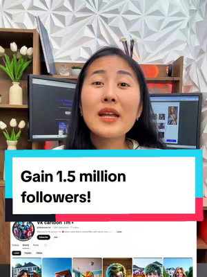 A woman is centered in the frame, speaking directly to the camera against a backdrop featuring a geometric white wall design and a wooden shelf arrangement. Behind her are two computer monitors, and below her is an overlaid colored bar with text. A partial view of a social media profile (YouTube) can be seen at the bottom.