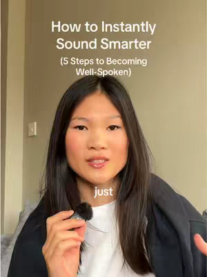 A young Asian woman with long black hair is centered in the frame, looking directly at the camera with a slight smile. Above her head, large white text announces the video's focus: "How to Instantly Sound Smarter," followed by a smaller subtitle. A light-colored wall serves as the background.