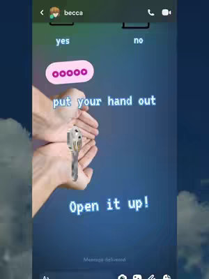 The cover image is a vertical shot with two hands in the foreground holding a key. The background has a gradient effect with blue, green and purple colors. Text overlays in a futuristic font include: yes, no, a series of o's, put your hand out and open it up! The sky is visible in the background with white fluffy clouds.