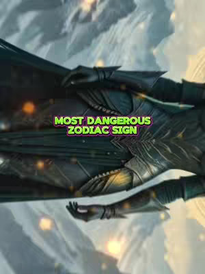 The image is a vertical composition featuring an armored figure in a dark fantasy setting. The figure is clad in black armor with intricate detailing. The background is a blurry landscape providing depth, possibly a snowy mountain or a celestial environment. A text overlay that reads 'MOST DANGEROUS ZODIAC SIGN' is placed prominently in the center.