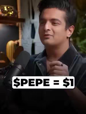 A man with short dark hair wearing a black shirt is positioned in front of a microphone. Below him, a white rectangle contains the text '$PEPE = $1'. The background subtly blends light and shadow.