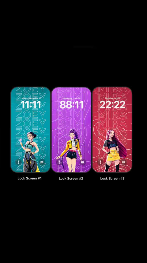 The image presents a series of three smartphone lock screens against a black background. Each lock screen showcases a different animated female character. The first screen displays the name "ZOEY," the time "11:11," and a teal color scheme. The second screen shows "RUMI," with "88:11" and a purple theme. The third screen features "MIRA," the time "22:22," and a red color design. Below each animated woman is labelled "Lock Screen #1", "Lock Screen #2" and "Lock Screen #3". The layout suggests a theme of animated wallpapers or design, possibly for a mobile app or social media post.
