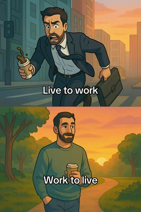 A split image showcasing two contrasting scenarios. The top half depicts a stressed businessman running in a city, coffee spilling from his cup, wearing a suit and tie. The bottom half shows a relaxed man with a beard, holding a coffee, standing in a park with a sunset in the background.