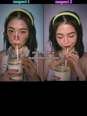 The image is a split screen featuring two distinct portraits of the same woman. Each portrait shows her with dark hair, light skin, and a similar hairstyle with a headband. She is holding a drink with a straw to her mouth. The left side image shows the person with glasses. The right side image mirrors the first, but has a slightly different facial expression. Additional text is overlaid, indicating a contextual narrative.