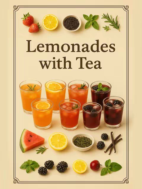 A visually appealing food presentation featuring a light beige background and a dark brown border. The image is divided into two sections: the top area shows various ingredients, and the bottom area presents a selection of colorful drinks. The ingredients at the top include strawberries, a lemon slice, black tea, fresh basil and rosemary sprigs. The drinks are arranged in glasses, each with a different colored liquid. Below them, more ingredients are artfully placed: a watermelon slice, a lemon slice, a small bowl with green tea, blackberries, vanilla sticks, and cherries, with basil and mint leaves and halved lemon.
