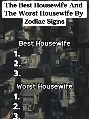 An aerial view of a city serves as the background. Overlayed on this is text arranged in a title layout. The top title reads, 'The Best Housewife And The Worst Housewife By Zodiac Signs.' Below this, the words 'Best Housewife' with numbered lists, each listing 3 spots, and then 'Worst Housewife', also with a 3-spot numbered list.