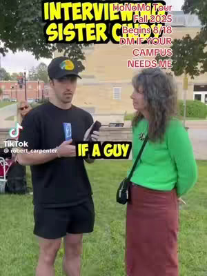 A man in a black t-shirt and a baseball cap interviews a woman in a green sweater and red skirt outdoors. Text overlays indicate a tour and contact information.