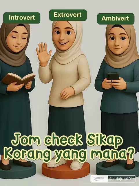 An AI-generated image featuring three cartoon female figures, each representing a different personality type: introvert, extrovert, and ambivert. They are all wearing hijabs and modest clothing. The figures stand on circular platforms. Text overlays indicate the personality categories and ask viewers which personality type they are. The overall composition is brightly colored, designed to be engaging and informative.