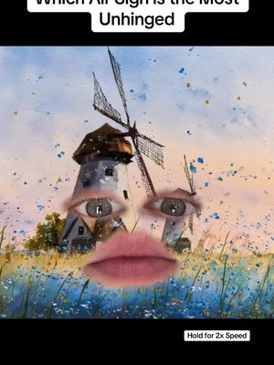The image is composed of a watercolor-style landscape with a field of blue and green flowers, a hill, and buildings with windmills. The image combines the landscape with a face composed of the windmills forming the eyes, the field making the mouth, and a pair of human lips overlayed to create a strange, surreal face.