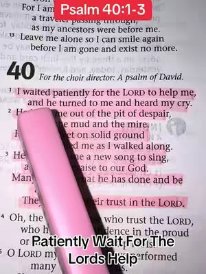 Close-up shot of an open Bible page with Scripture highlighted in pink. A pink highlighter pen is leaning towards the text. Text overlay in the bottom of the image.