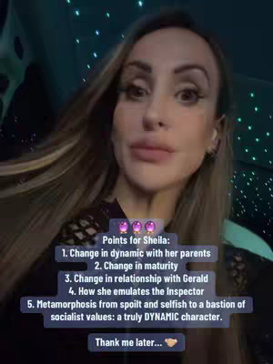 A woman with long, light brown hair is centered in the frame. She is looking at the camera with a slight expression. The background is dark with small lights. There is text layered over the image, providing key points about a character, along with a call to action.