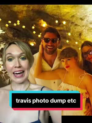 A selfie-style video cover with a woman in the foreground, smiling and speaking. Behind her are three other people, including a man in sunglasses and what appears to be Taylor Swift. The background looks like a dimly lit cave or grotto.