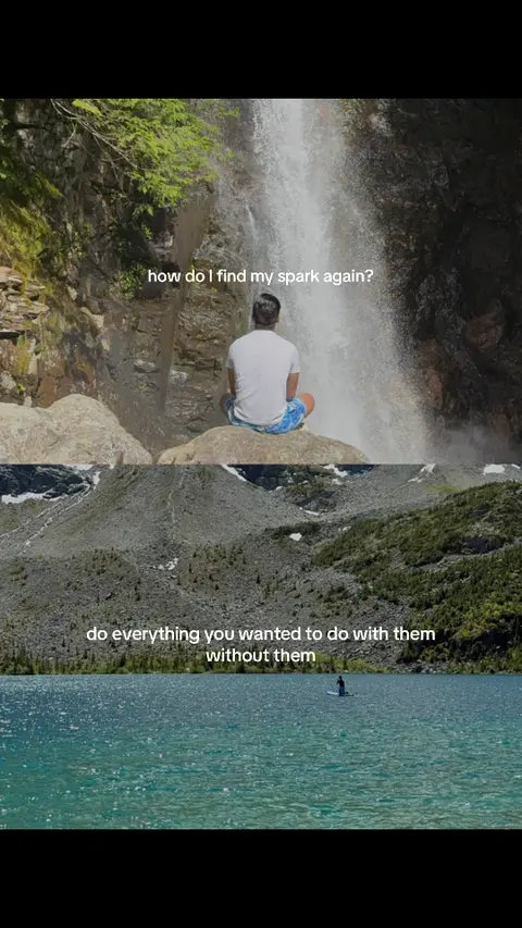 The cover image is split into three horizontal sections. The top section features a lush green and rocky mountain backdrop with a waterfall in the center. In the middle of the waterfall's base a person sits, viewed from the back. The middle section displays a continuation of the mountain's landscape. The bottom section captures a serene turquoise lake, with a person riding a paddle board in the distance.