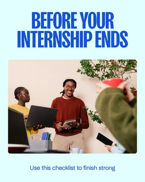 The image showcases a professional office setting, featuring three individuals. The foreground is dominated by a desk with a laptop, papers, and office supplies. Two people are standing behind the desk, and one, a light-skinned man in a brown sweater, is holding a notebook and smiling. Another person appears to be holding a red object, possibly a jacket, out of frame. A plant in the background adds a touch of nature to the environment. The image employs a light blue background to frame the content.