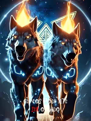 A mystical image featuring two wolves facing forward, with a fiery crest above their heads, set against a star-filled background. The wolves have glowing blue patterns on their bodies, with a circular design and a star-shaped pattern in the background, giving it an otherworldly feel. The bottom of the image features text.