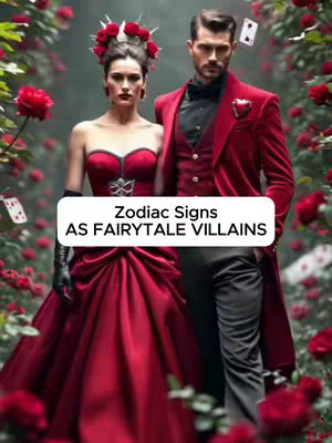 The image shows a couple dressed in flamboyant red attire, set against a backdrop of rose bushes. They are standing among the rose garden, creating a fairytale-like ambiance. The text overlay reads 'Zodiac Signs AS FAIRYTALE VILLAINS.' Decorative elements such as playing cards floating among the flowers add to the intriguing atmosphere.