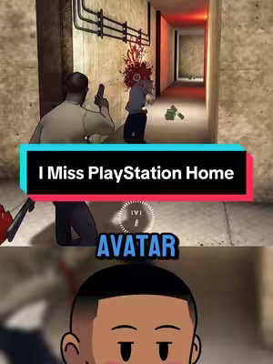 The image is a screenshot of a video game scene, showcasing a hallway with a right turn. Two figures are visible: one is holding a gun and the other has a headshot-like effect around the head indicating a kill. A colorful banner with the phrase 'I Miss PlayStation Home' spans across the image. Below, in a separate box the word 'AVATAR' is displayed beneath a cartoon avatar's face, which seems to be a young, stylized man with dark hair.