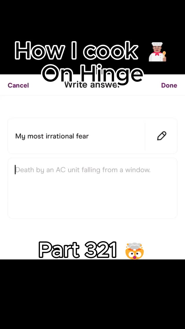 The cover image displays a screenshot of a dating app, the Hinge app. At the top, it reads "How I cook" in a bold, white font over a black background. There is a small chef emoji. The screenshot shows a prompt from the app asking "My most irrational fear" and the user's response "Death by an AC unit falling from a window." At the bottom is a text overlay with the words "Part 321" in a bold, white font and an emoji of an owl, also overlaid on a black background. The overall aesthetic is clean and minimalist.