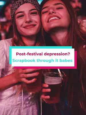 Two young women are smiling, holding drinks, with a text overlay on the image. The background is blurred, suggesting a lively outdoor setting, possibly a concert or festival. The women are in close proximity, suggesting a bond or shared experience. The color scheme is vibrant, with warm tones.