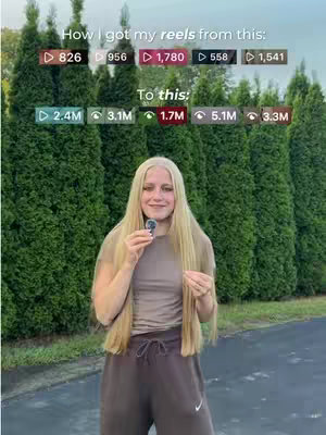 A cover image showing a woman holding an object, likely a microphone, with greenery serving as her backdrop. The top of the image shows metrics from earlier reels, while the bottom shows evolved numbers.