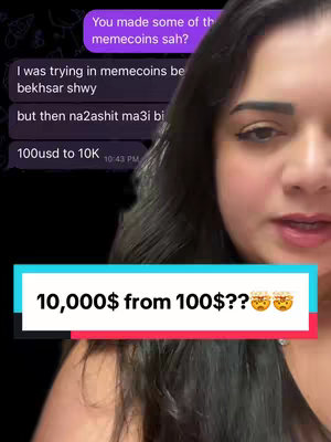 A selfie-style video cover featuring a woman, partially visible from the chest up, with dark hair. She is looking at the camera with a neutral expression. Behind her is a backdrop of a blurred-out text message conversation. Overlaid on the bottom of the image is a teal rectangular banner with white text stating, "10,000$ from 100$??" followed by surprised face emojis.