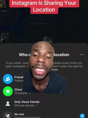 A man with a serious expression is centered in the frame. Above him is a red banner that reads "Instagram Is Sharing Your Location". Behind him is a screen with settings for Instagram's location feature.