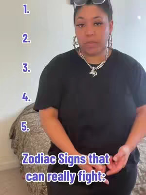 A woman stands in front of a light-colored wall with sunglasses on her head. Text overlays of numbers 1-5 run down the left side of the frame, with a bottom text overlay that reads, \"Zodiac Signs that can really fight:\".